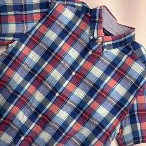 Tommy Hilfiger Mens XL Custom Fit Plaid Short Sleeve Button Down Shirt Blue Red
